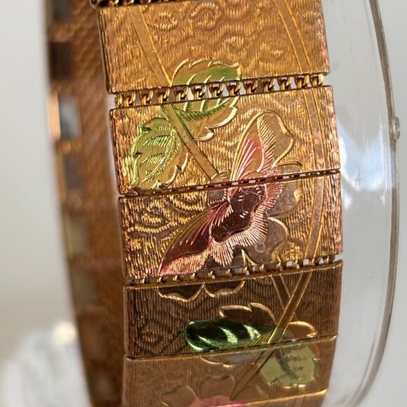 1950s Tri-Gold Tone Floral Etched Panel on Mesh Bracelet 7" Pink Green Vintage - Picture 7 of 14